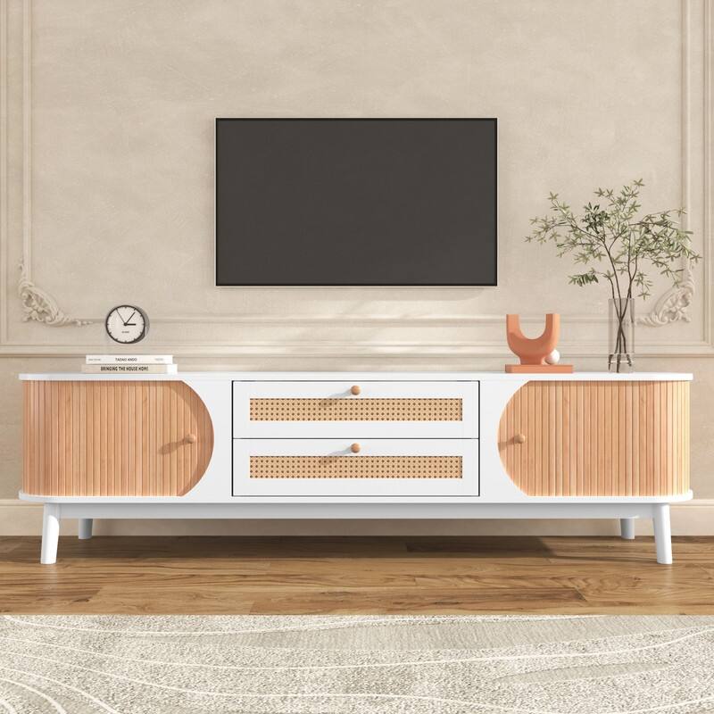 Rattan TV Stand for TVs up to 75'',Entertainment Center Media Console with Solid Wood Legs - White
