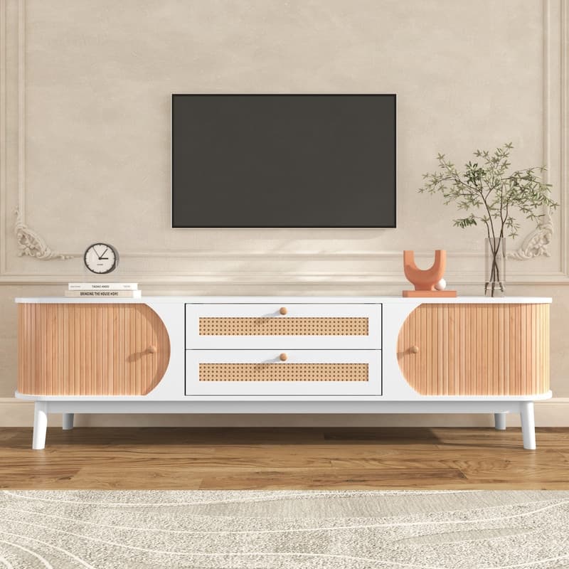 Rattan TV Stand for TVs up to 75'',Entertainment Center Media Console with Solid Wood Legs