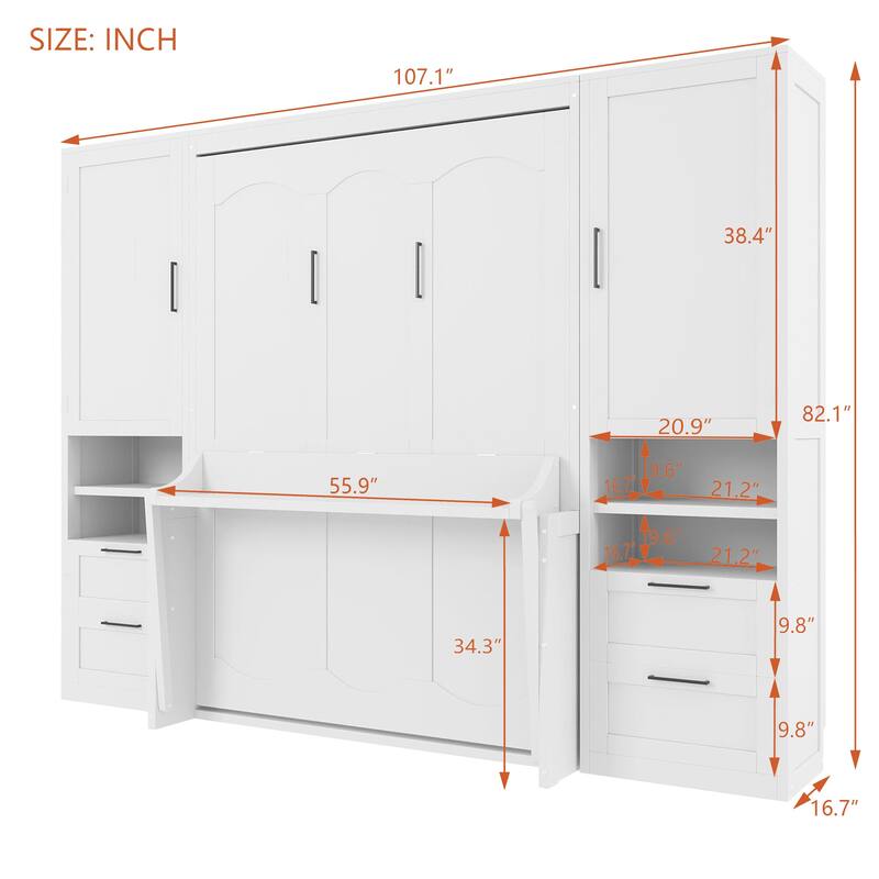 Superior Quality Full Size Murphy Bed Wall Bed with Closet, Drawers & Shelves, Multifunctional Space-Saving Solution, Gray