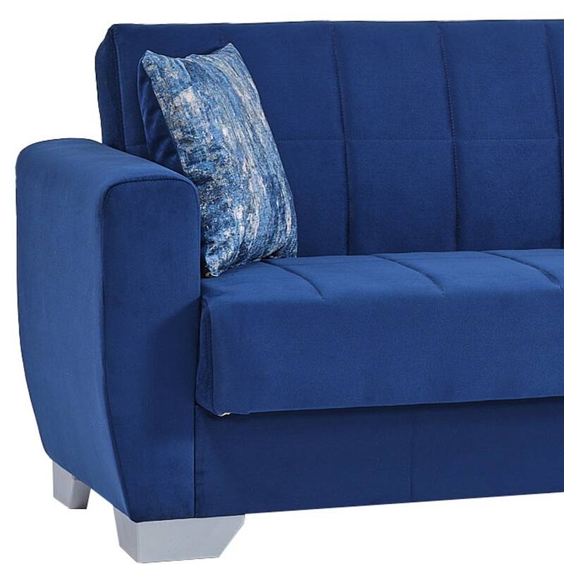HomeRoots 84" Blue Microfiber Convertible Futon Sleeper Sofa With Toss Pillows And Storage