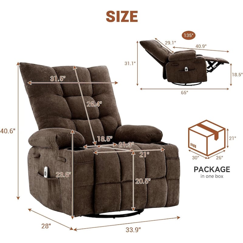 Swivel Rocker Recliner Chair, with Massage and Heat and Side Pocket
