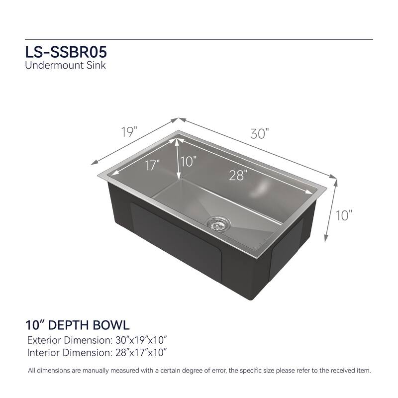Dark Gray 30 Inch Single Bowl Undermount Kitchen Sink 304 Stainless Steel Brushed Finish with Grid Drain - 30" L × 19" W × 10" H