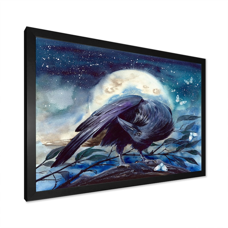 Designart "Raven On The Tree Branch With Shining Moon" Traditional Framed Art Print