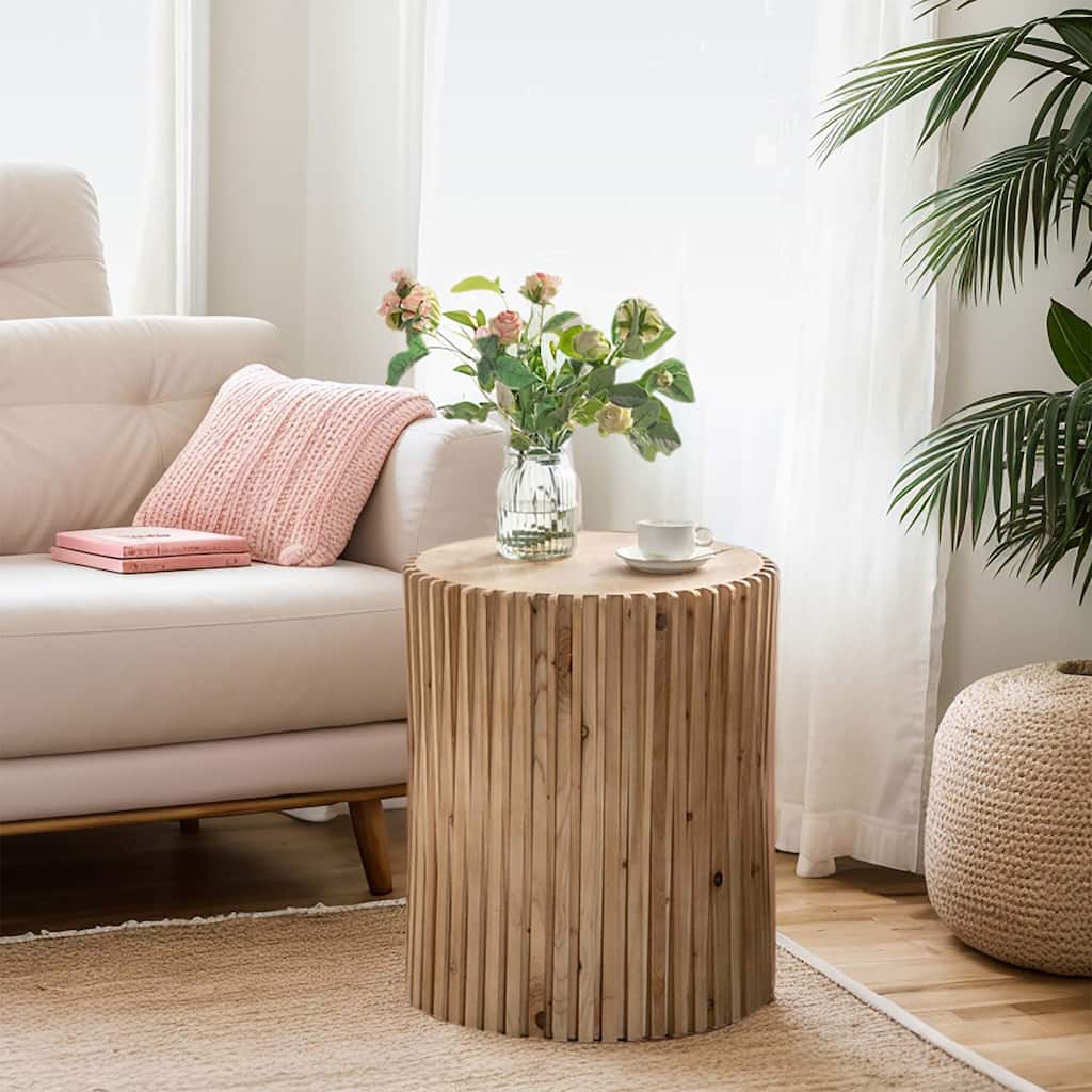 Cylindrical Coffee Table with Vertical Texture Relief Design