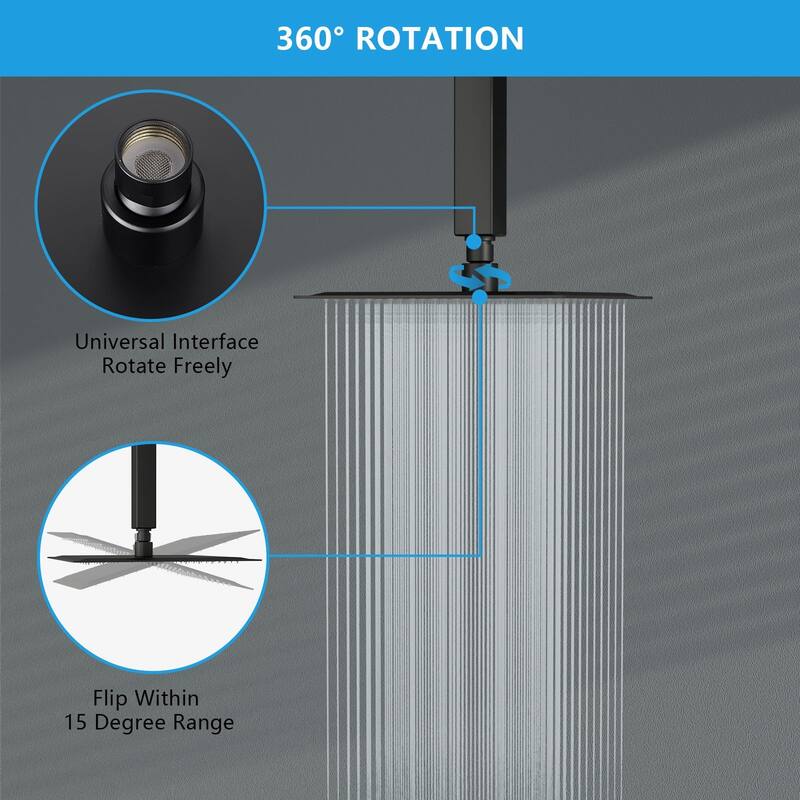8/10/12/16 Inch Adjustable Rainfall Shower Head Wall-mounted Solid Square Ultra Thin 304 Stainless Steel
