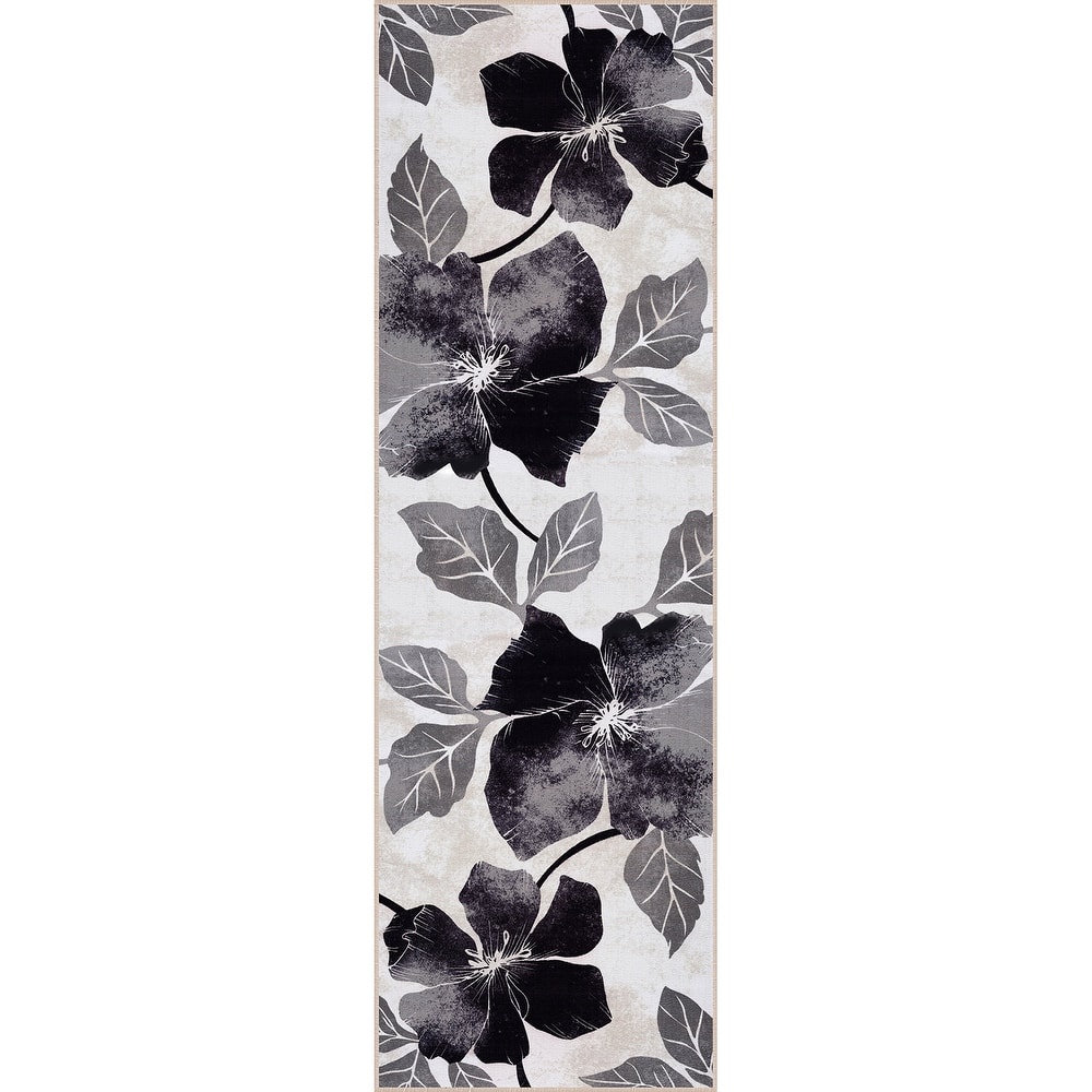 Bahamas Black White Floral Non-Slip Rubber Back Indoor Area Rug