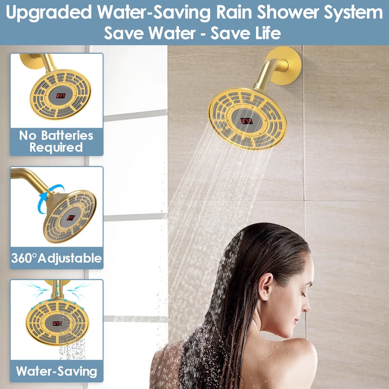 GRANDJOY 5 inch Wall Mount Shower Head with Tub Spout Shower Faucet Set Temperature Display Pressure Balanced Valve