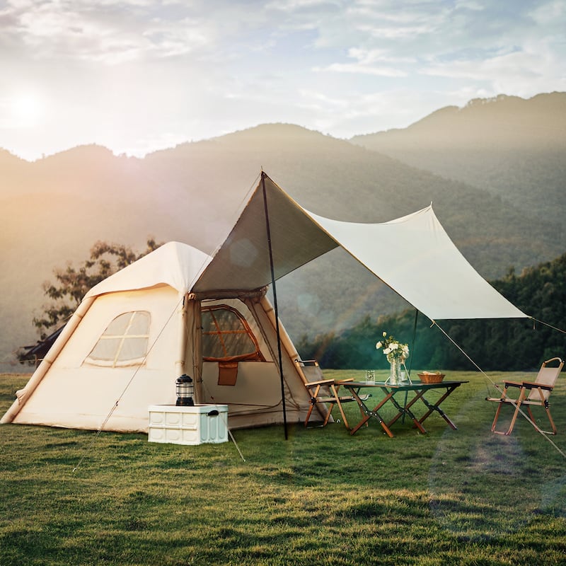 Inflatable Tent 4-6 Person - Instant Setup Waterproof Cabin Tent with Pump (Beige/Light Green)