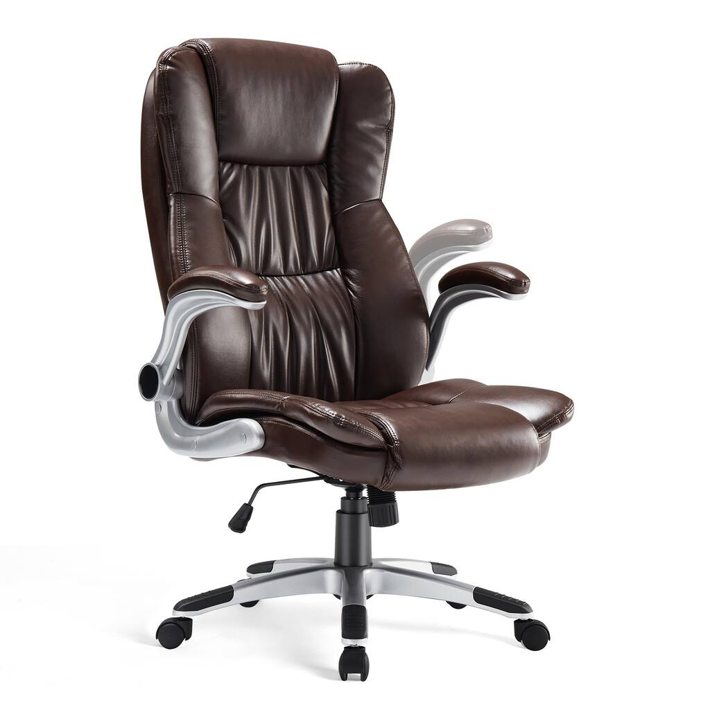 PU Leather Home Executive Office Chair, Classic Computer Chair with with Flip-Up Arm, S-Shape Back and High Headrest, Game Chair