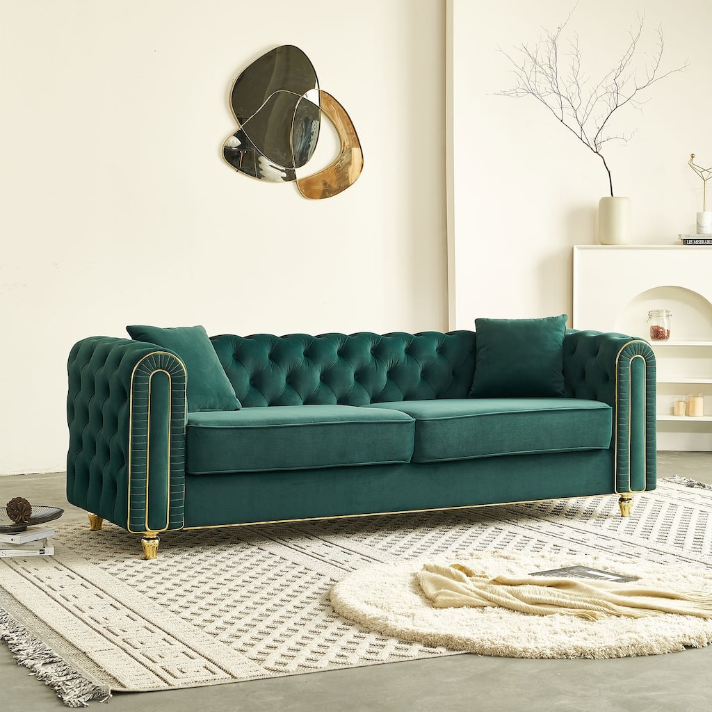 Green Accent Couch 3-Seater Sofa Couch with Pillows, Vintage Settee Lounge Sofa Couch for Living Room