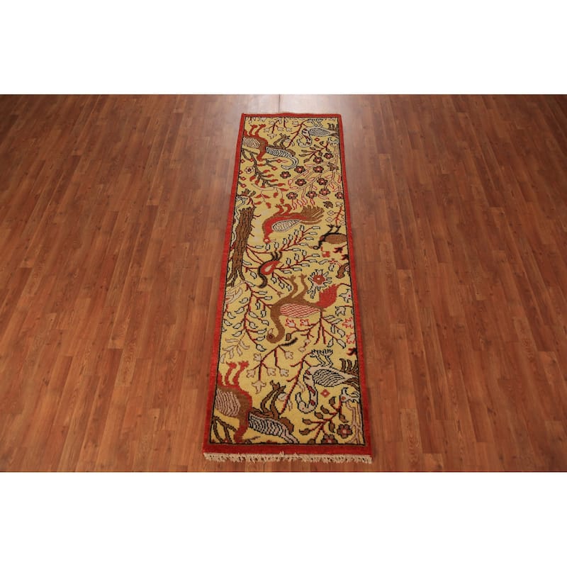 Animals Design Yellow Ziegler Indian Runner Rug Handmade Wool Carpet - 2'6"x 8'0"