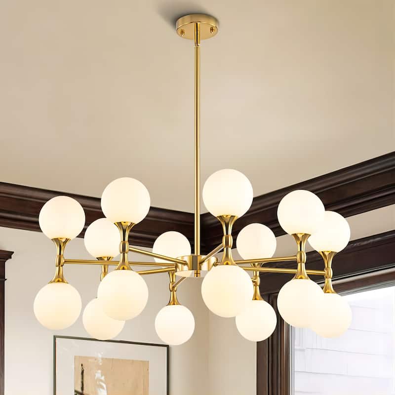 16-Light Modern Glam Linear Sputnik 2-Tiered Frosted Opal Glass Globe Bubble Chandelier for Living/Dining Room - Brushed Brass