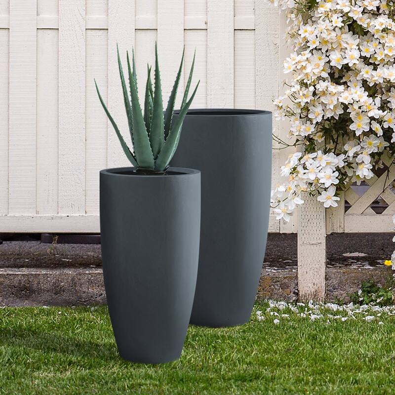Kante 31.4" and 23.6"H Weathered Finish Concrete Tall Planters (Set of 2), Large Outdoor Indoor