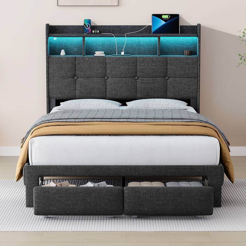 King Size Upholstered Platform Bed with LED Lights, Charging Station & Storage Headboard, No Box Spring Needed