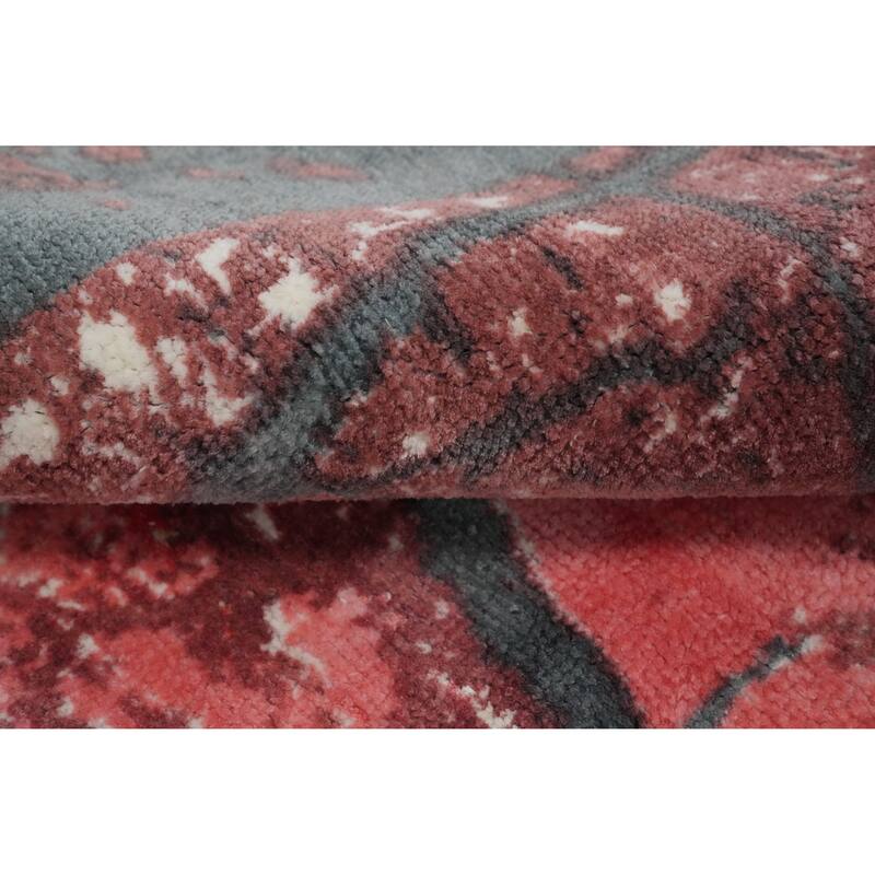 Hand Knotted Oriental Viscose Silk Carpet Modern Pictorial Pink Abstract Area Rug - 7' 2'' X 5' 3''