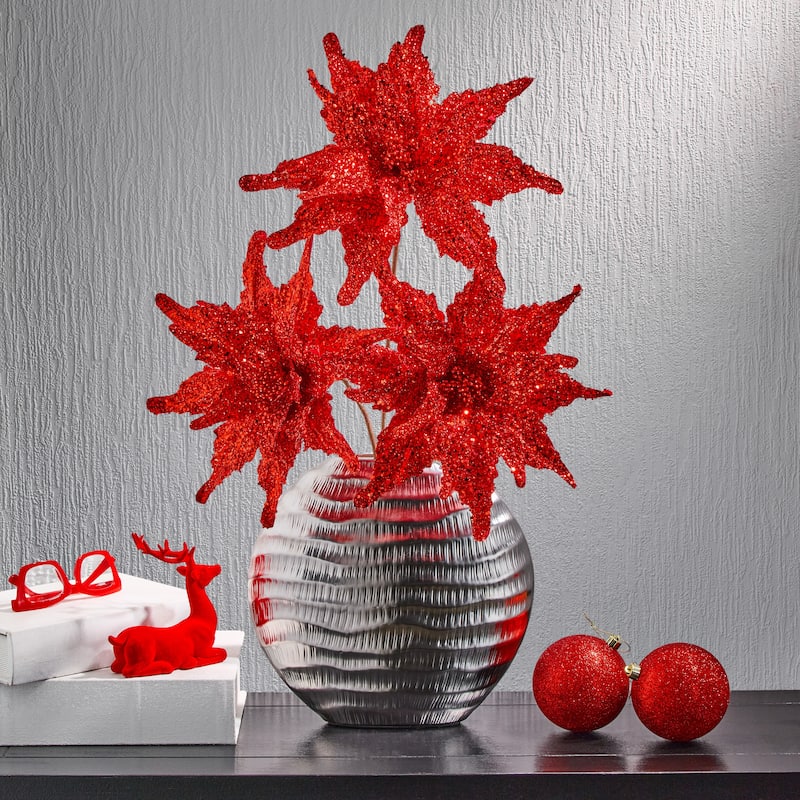 22" Sequin Glitter Poinsettia Stem - Red