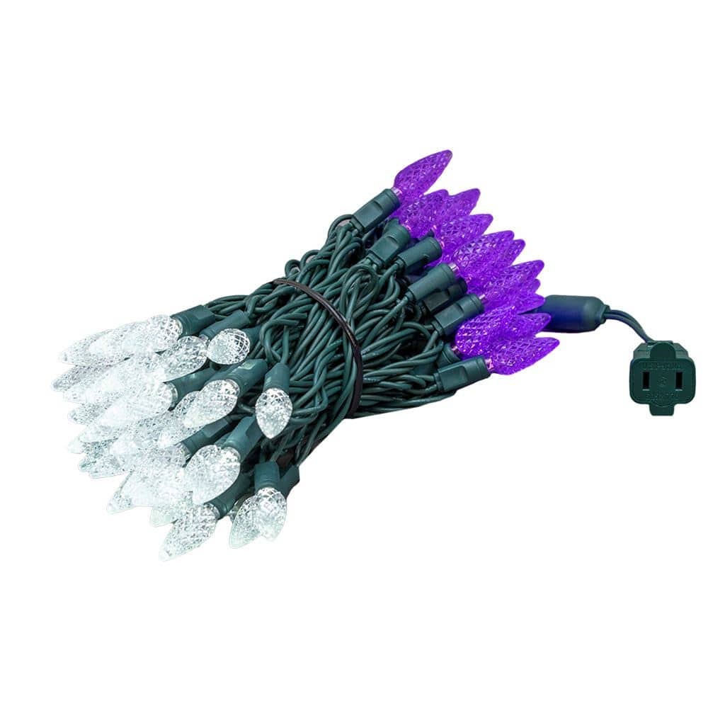 70 Light C6 LED Christmas Mini Light Set, Purple/Pure White, Green Wire, 24 Feet - Large