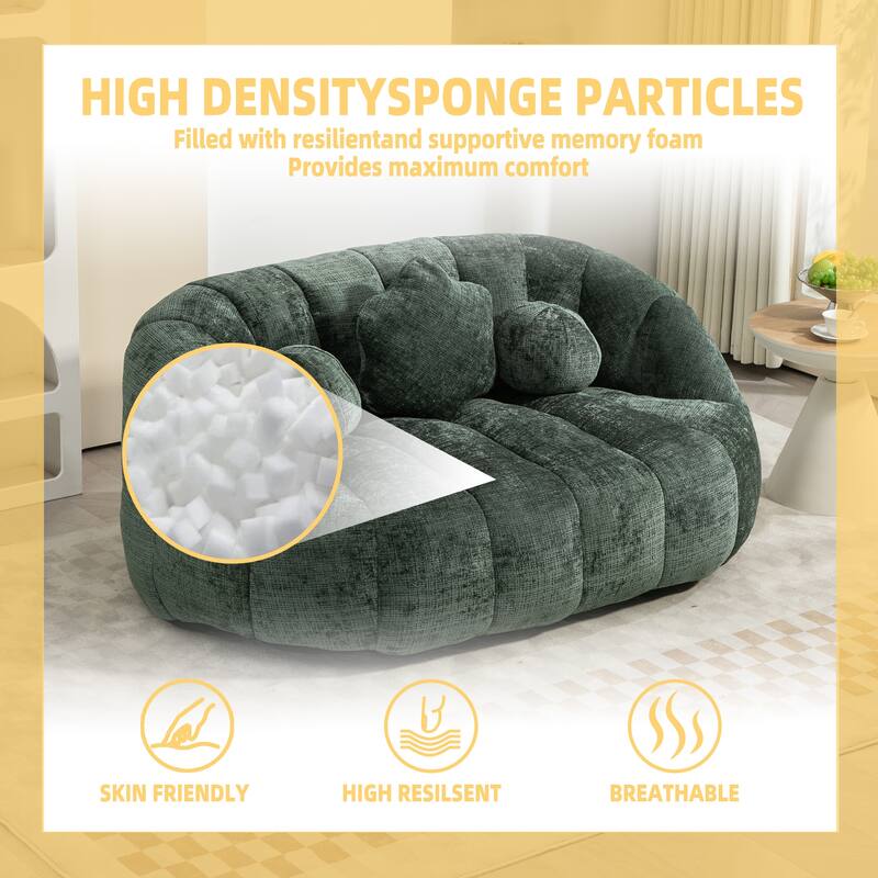 Chenille Upholstered Bean Bag Chair, Lazy Floor Sofa with Foam Filler, Fluffy Bean Bag Sofa with 3 Pillows & High Backrest