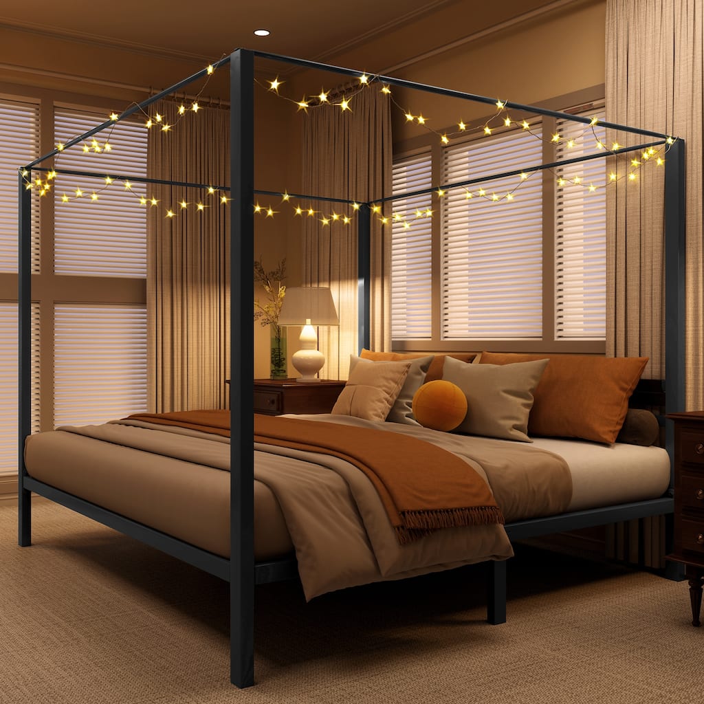 Moasis Black Canopy Bed Frame King, Four Poster Bed with Charge Station & Star-Shaped LED Light, 14 Inch Platform