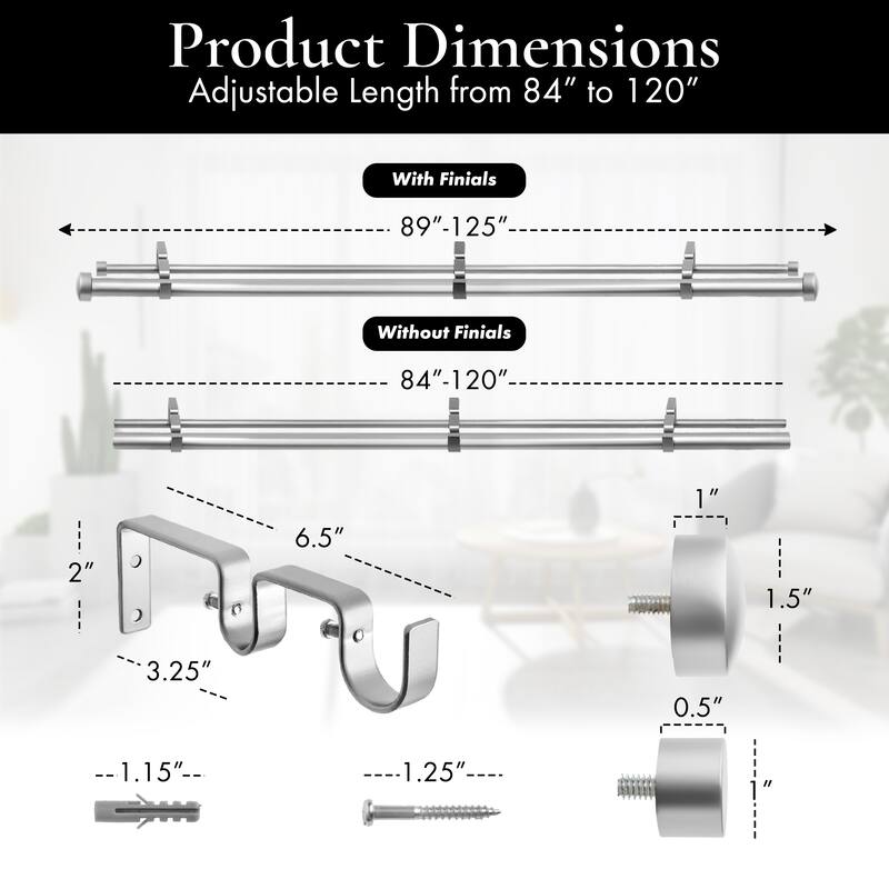 Meriville 1" Diameter Double Window Curtain Rod, End Cap Finials