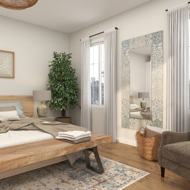 Cream Mother of Pearl Shell Handmade Mosaic Room Wall Mirror with Blue Corners