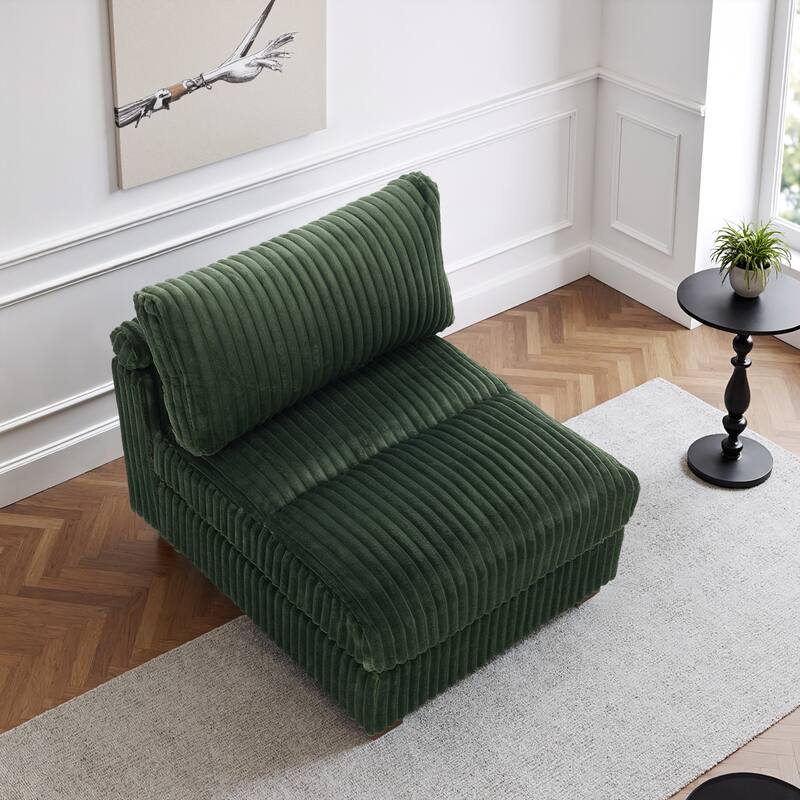 33" W Plush Corduroy Armless Chair Sectional Module with Pillows - Green
