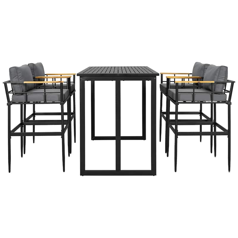 5-Piece Outdoor Iron Counter Height Dining Set with Table and 5 Acacia Wood Armrest Chair