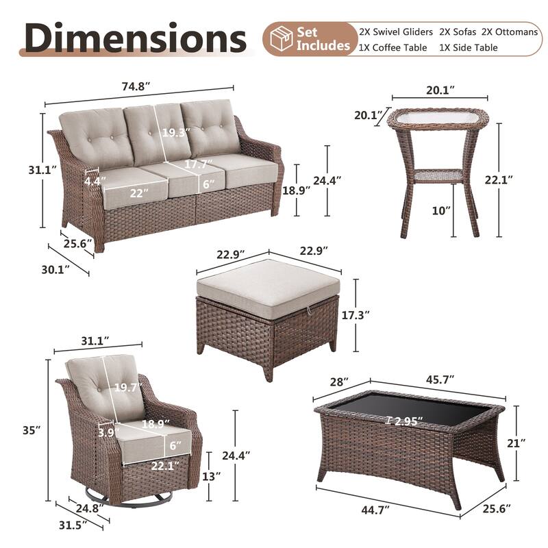 Artisan 8-Piece Patio Brown Wicker Sofa Conversation Set with 6-Inch Thick Cushions