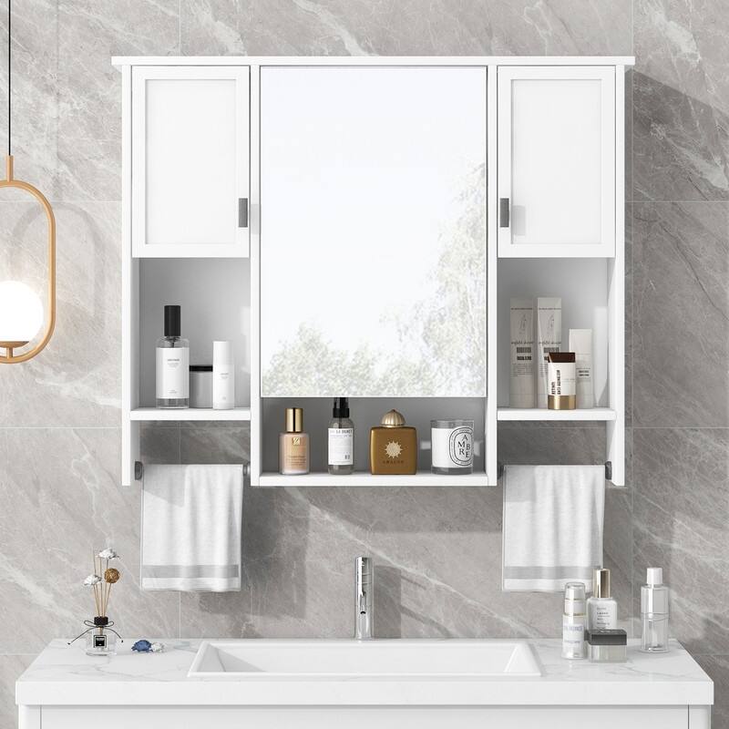Grondin Modern Style Bathroom Wall Mounted Medicine Cabinet with Mirror Door, Towel Bars and Open Storage Shelves - White