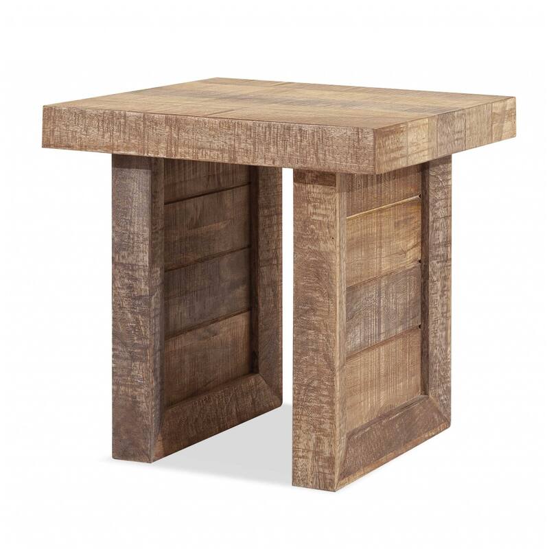 Brown Solid Wood Square End Table with 3 Inch Thick Top and Sled Base - 19.7” x 19.7” x 19.7” (D x W x H) - Brown