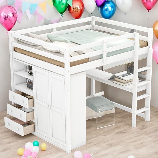 slide 2 of 18, Modern Full Size Wood Loft Bed With Built-in Wardrobe,Desk,Storage Shelves And Drawers White
