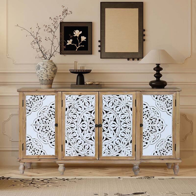 4-Door Hollow-Carved Accent Cabinet, Distressed Wood Storage Cabinet Cupboard with adjustable shelves,unique design for Kitchen