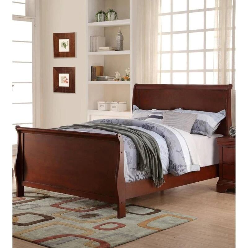 Twin Size Dark Cherry Sleigh Design Bedframe with Rubberwood and Plywood