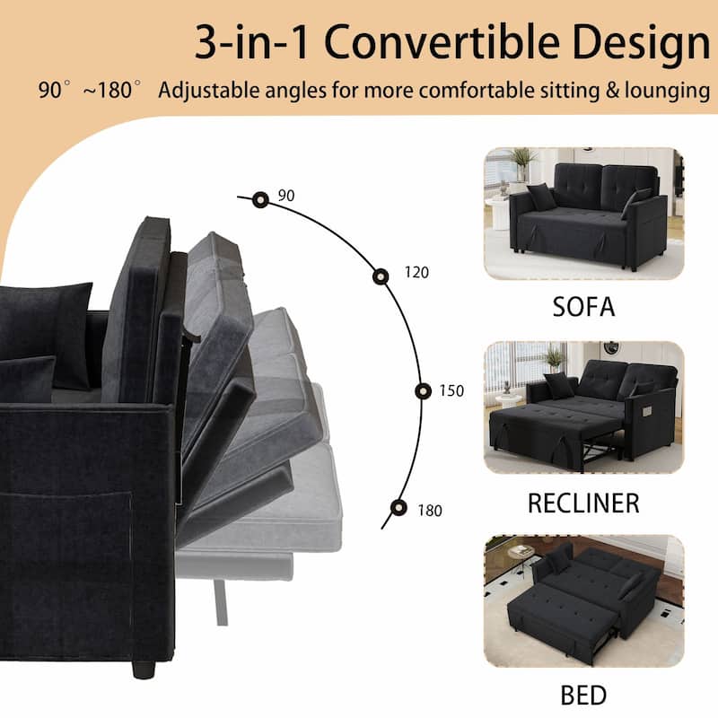 3 in 1 Convertible Sleeper Sofa Bed, Futon Couches for Living Room with Side Pocket, Adjustable Backrest