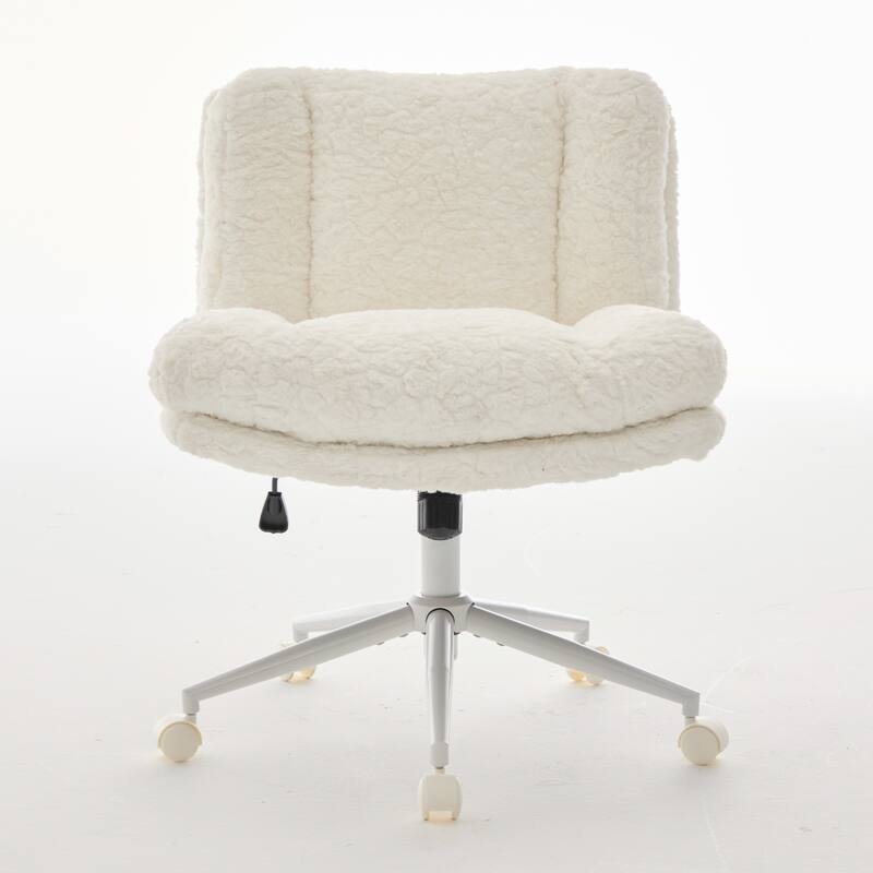 Roomfitters Wide Faux Fur Office Chair, Adjustable Swivel Desk Chair with White Metal Base, Cozy Upholstered Vanity Chair