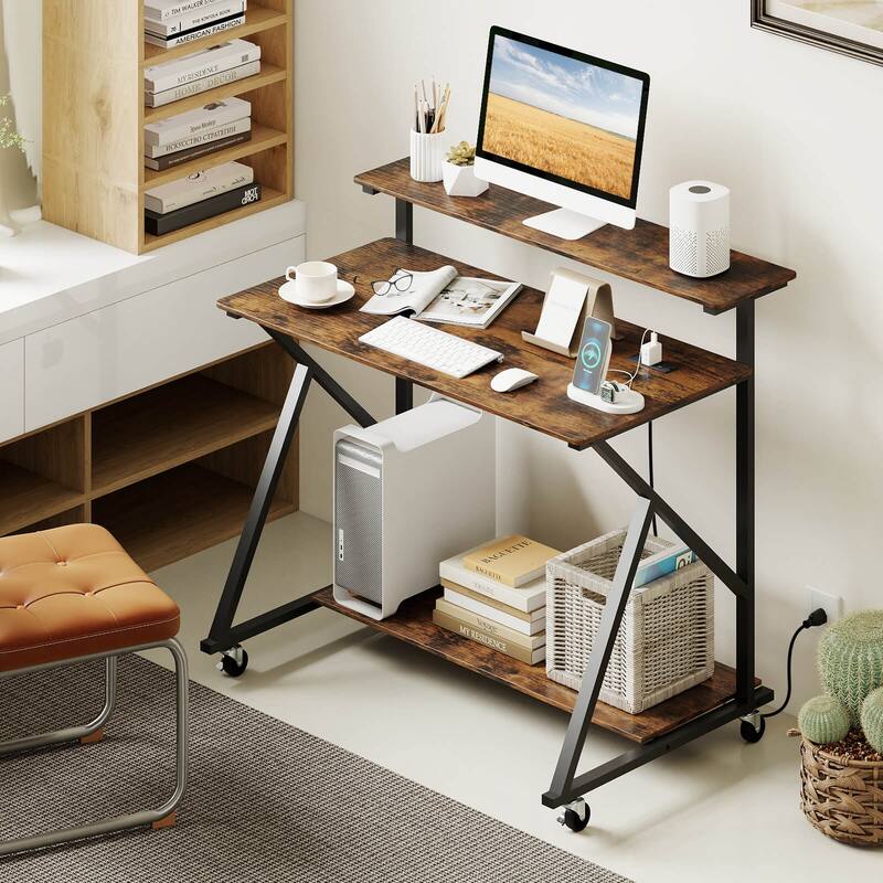 Costway Rolling Computer Desk with Charging Station Monitor Stand