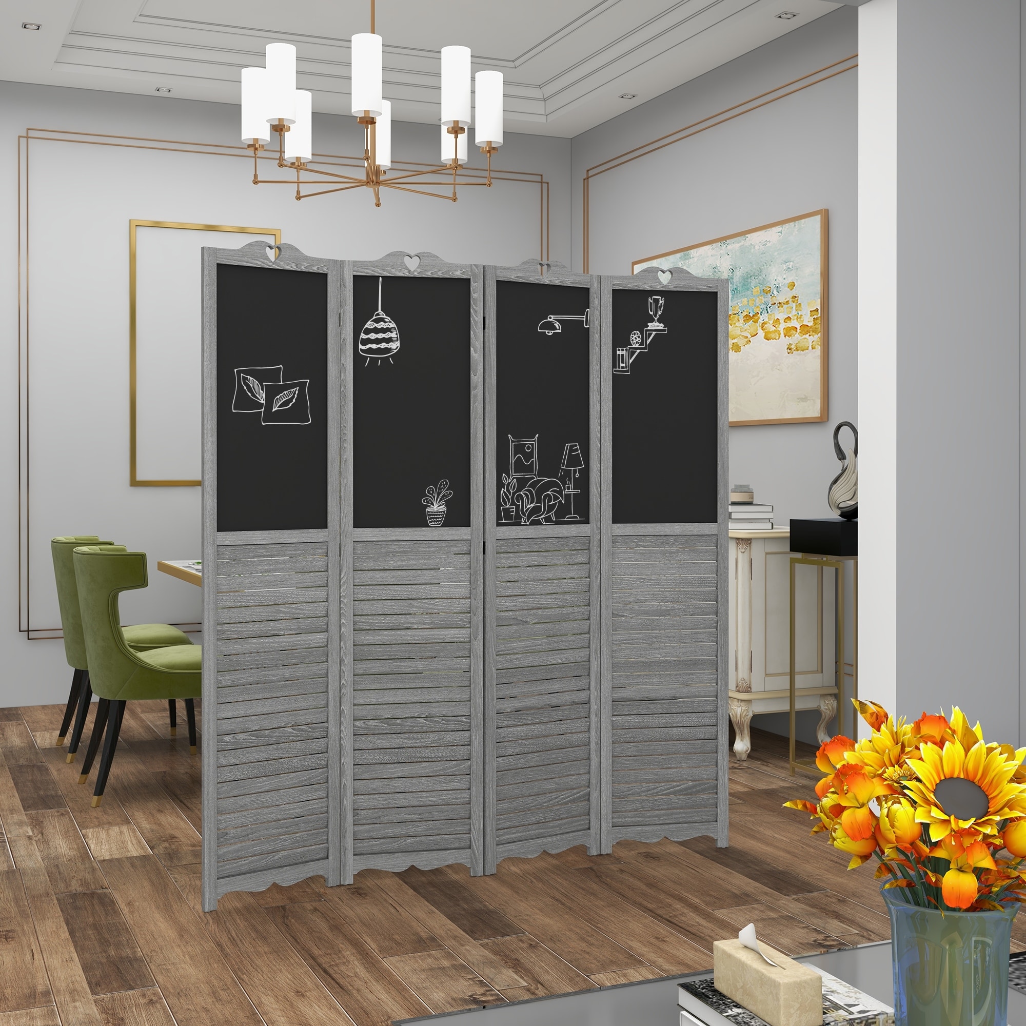 HOMCOM 4-Panel Folding Room Divider with Blackboard, 5.5 Ft Tall Freestanding Privacy Screen Panels for Bedroom or Office, Gray