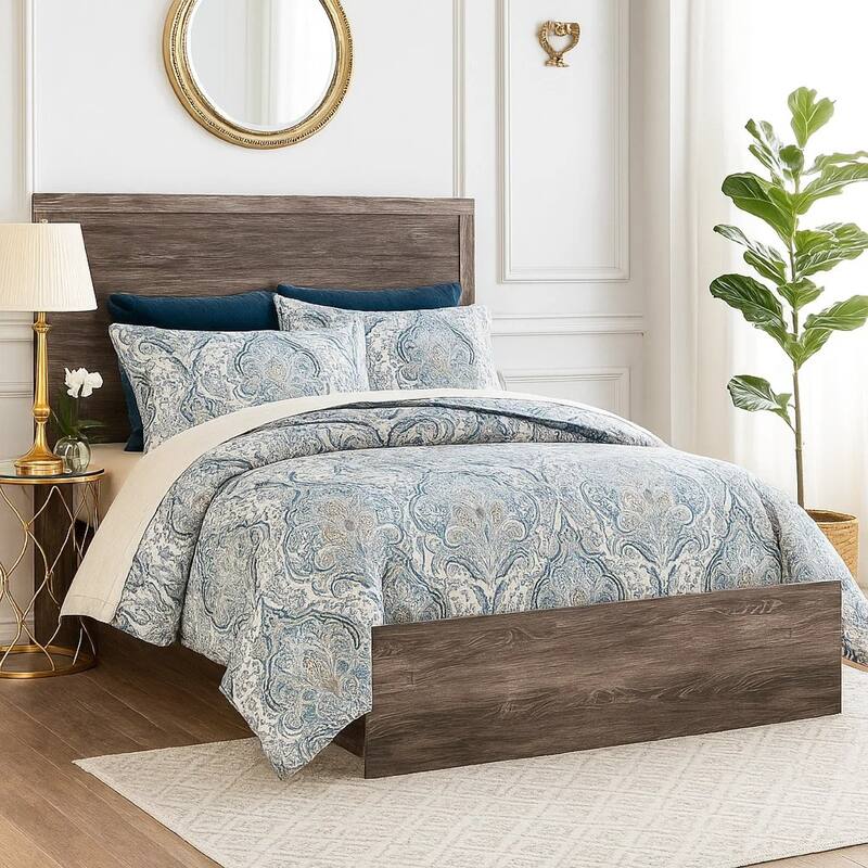 Isnk Queen Size Bed w Plank Headboard, Rustic Gray Laminate Finish