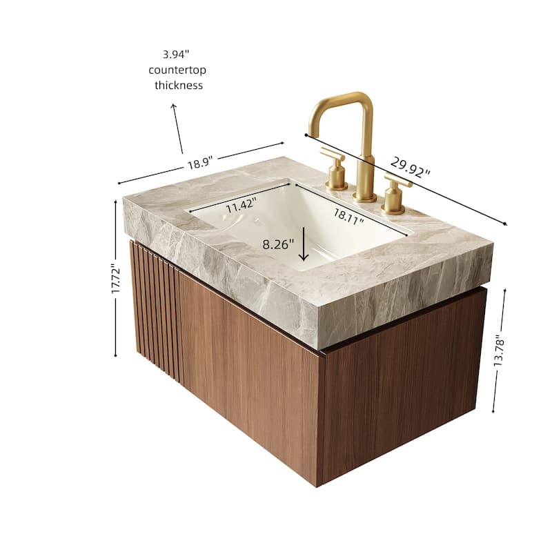 30" Bathroom Vanity&Sink, Floating Plywood Storage Cabinet with Drawer&Door, Ceramic Basin with 3 Pre-drilled Faucet Holes