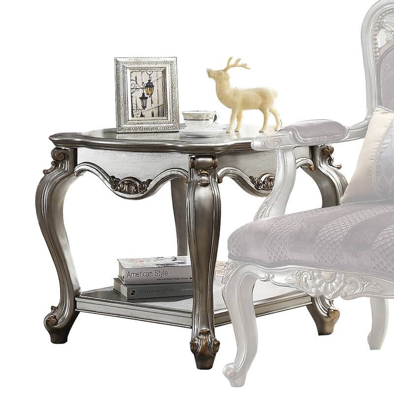 Side End Table, Scalloping, Polyresin Carvings and Bottom Shelf, Silver