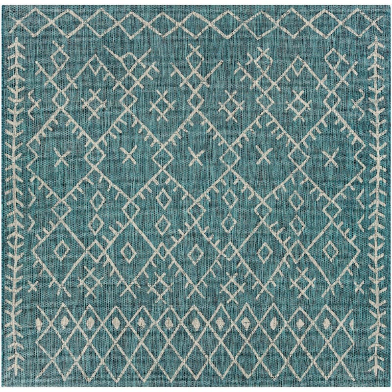Livabliss Eagean Global Indoor/Outdoor Area Rug - 7'10" x 7'10" Square - Aqua