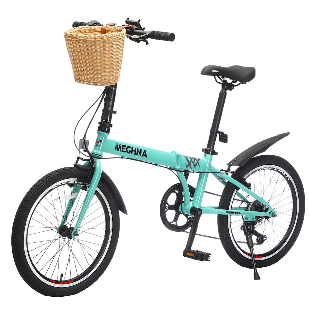 20 Inch Folding Bike, 6-Speed City Commuter Bicycle with Basket & Dual V-Brake, Portable Compact Bicycle, Steel Frame for Teens