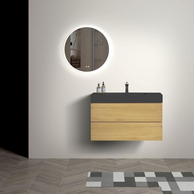 36"Bathroom Vanity with Sink,Wall Mounted Floating Bathroom Vanity,One-Piece Black Sink Basin without Drain and Faucet