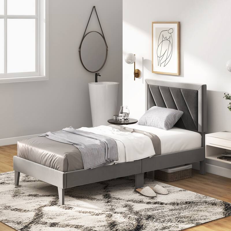 Twin/Full/Queen Platform Bed with High Headboard and Wooden Slats