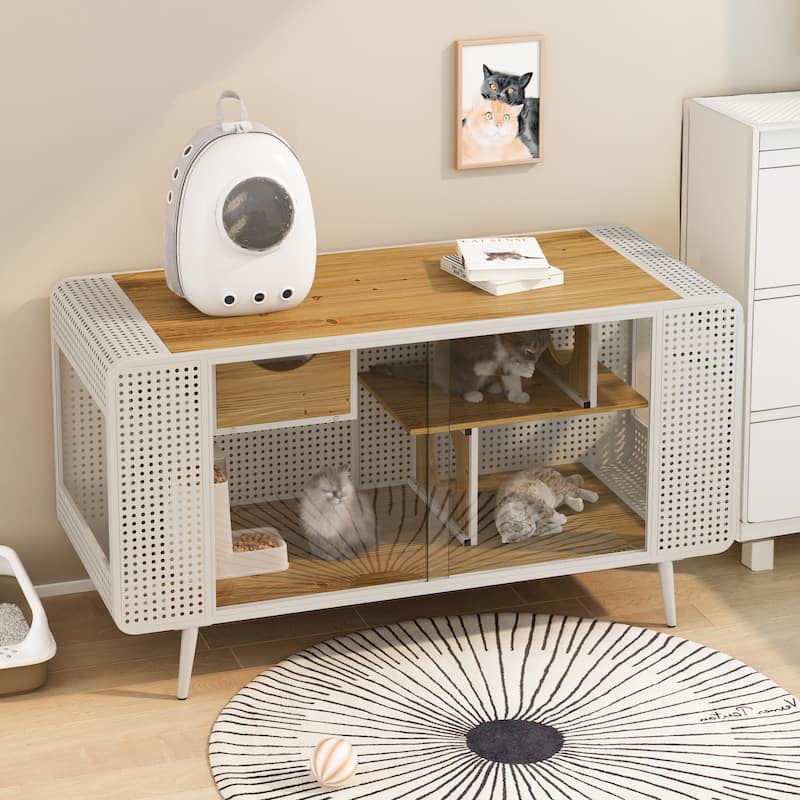 Roomfitters 55.12'' Spacious Cat House with Tempered Glass - Ideal for Living Room, Hallway, Study, White
