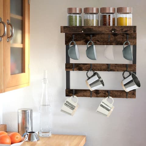 Wood Rustic Coffee Mug Holder Rack Wall Mounted Coffee Cup Shelf - 15.8 L x 5.4 W x15.9 H inch