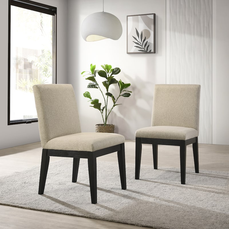 Modern Solid Wood Dining Chairs with Fabric Seats and Rubberwood Legs, for Dining Rooms, Set of 2, Beige - Black
