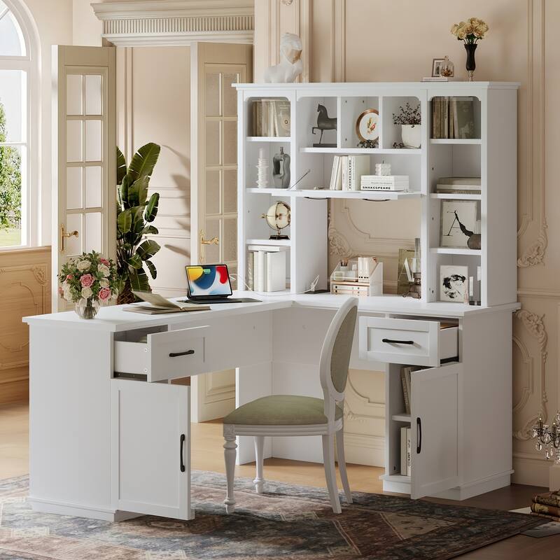 Roomfitters L-Shaped Computer Desk with Hutch, 2 Cabinets, 2 Drawers and 11 Open Shelves, with Power Outlet