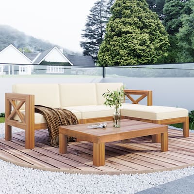 5-Piece Acacia Wood Patio Furniture Set, Outdoor Sectional Conversation Sets Sofa Set with Coffee Table and X-Back Wood Frame