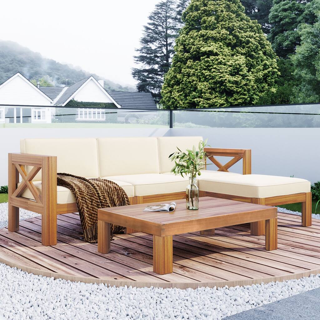 Outdoor Sectional Sofa Set, 6-piece Wooden Patio Furniture Set, Solid Acacia Wood Seating Group with Ottoman & Coffee Table
